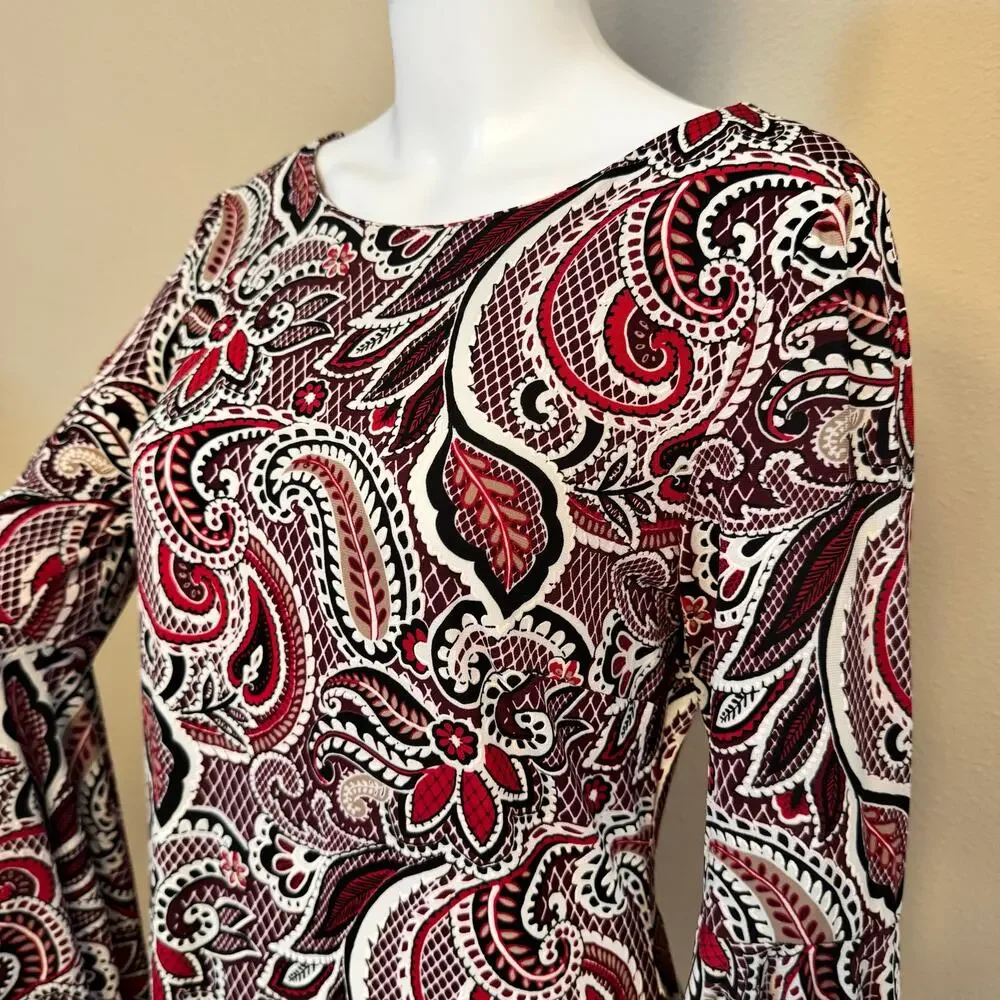 Shelby & Palmer Paisley Bell Sleeve Dress Size 10 Stretch Knit Boho Mod Retro - Picture 6 of 13